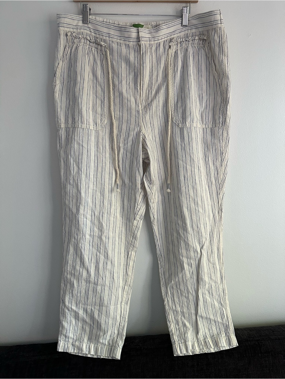 Anthropologie Linen Cotton Cream Pants with Blue Pinstripes Size XL